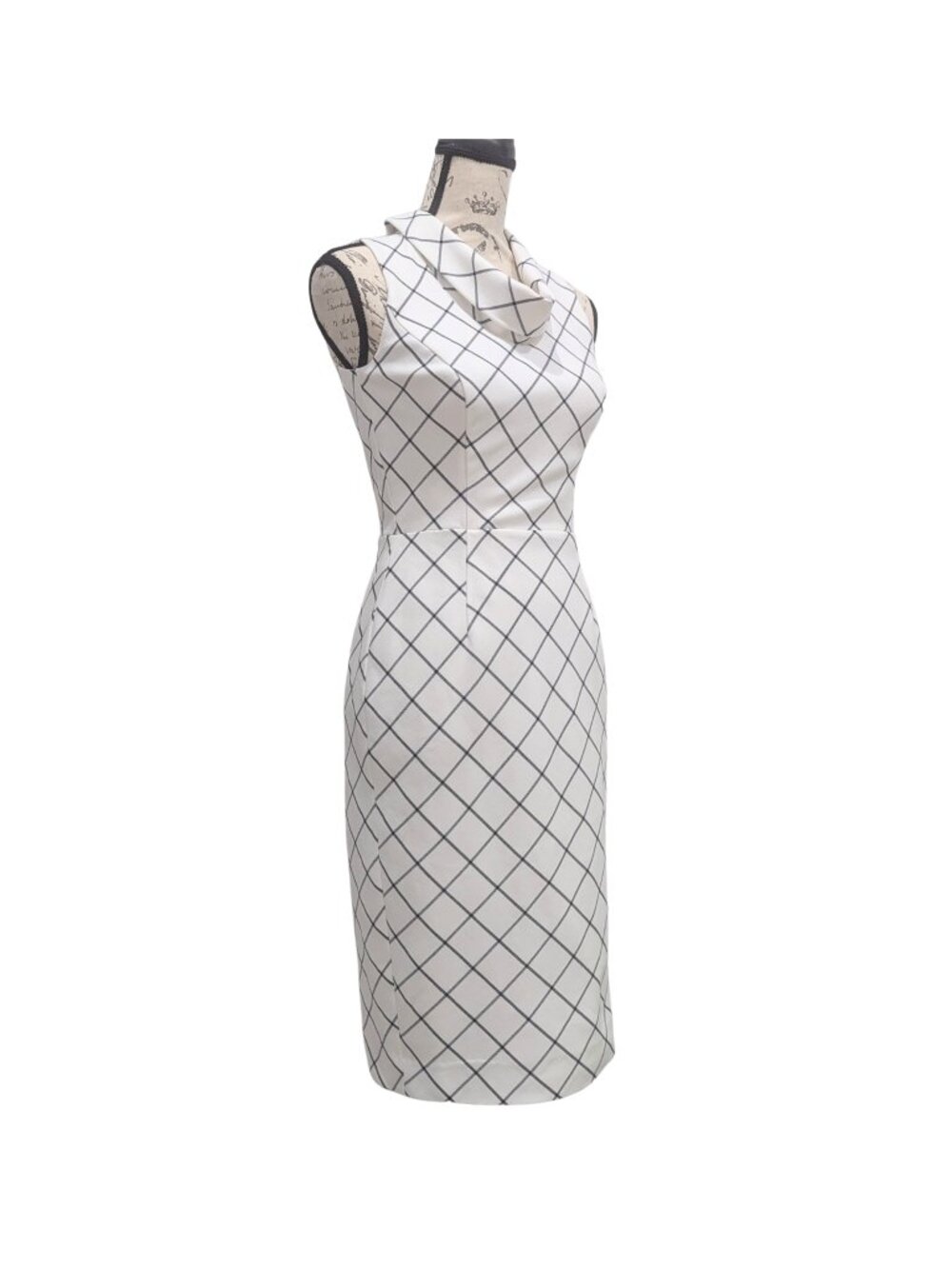 White House Black Market Windowpane Sheath Dress 0 XS Cowl Neck Sleeveless Lined - Picture 3 of 9